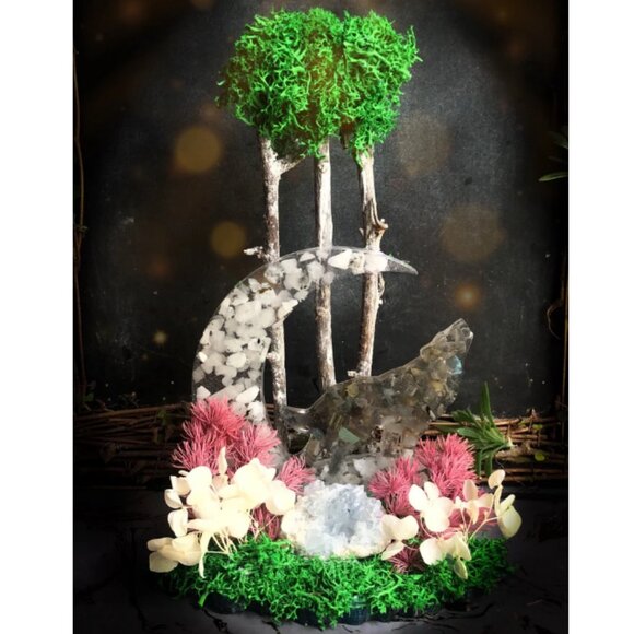 Other - SOLD - HANDMADE moonstone crystal moon with labradorite howling wolf